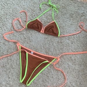 Aerie brown and neon pink/green cheeky string bikini set, size XS